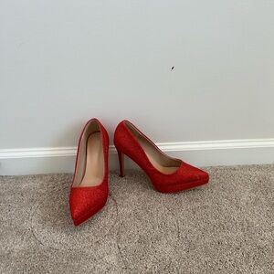 Red Glitter Pointed Toe High Heels - Women